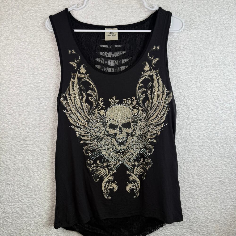 Vance bikerwear womens rhinestone y2k grundge black skull slit lace top soze LG
